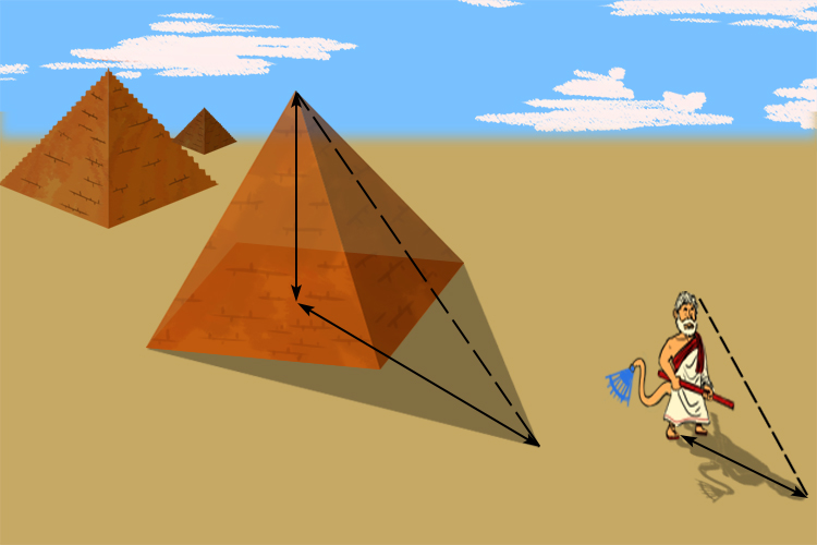 Ingeniously he measured the pyramids shadow only when his own shadow was the same height as himself